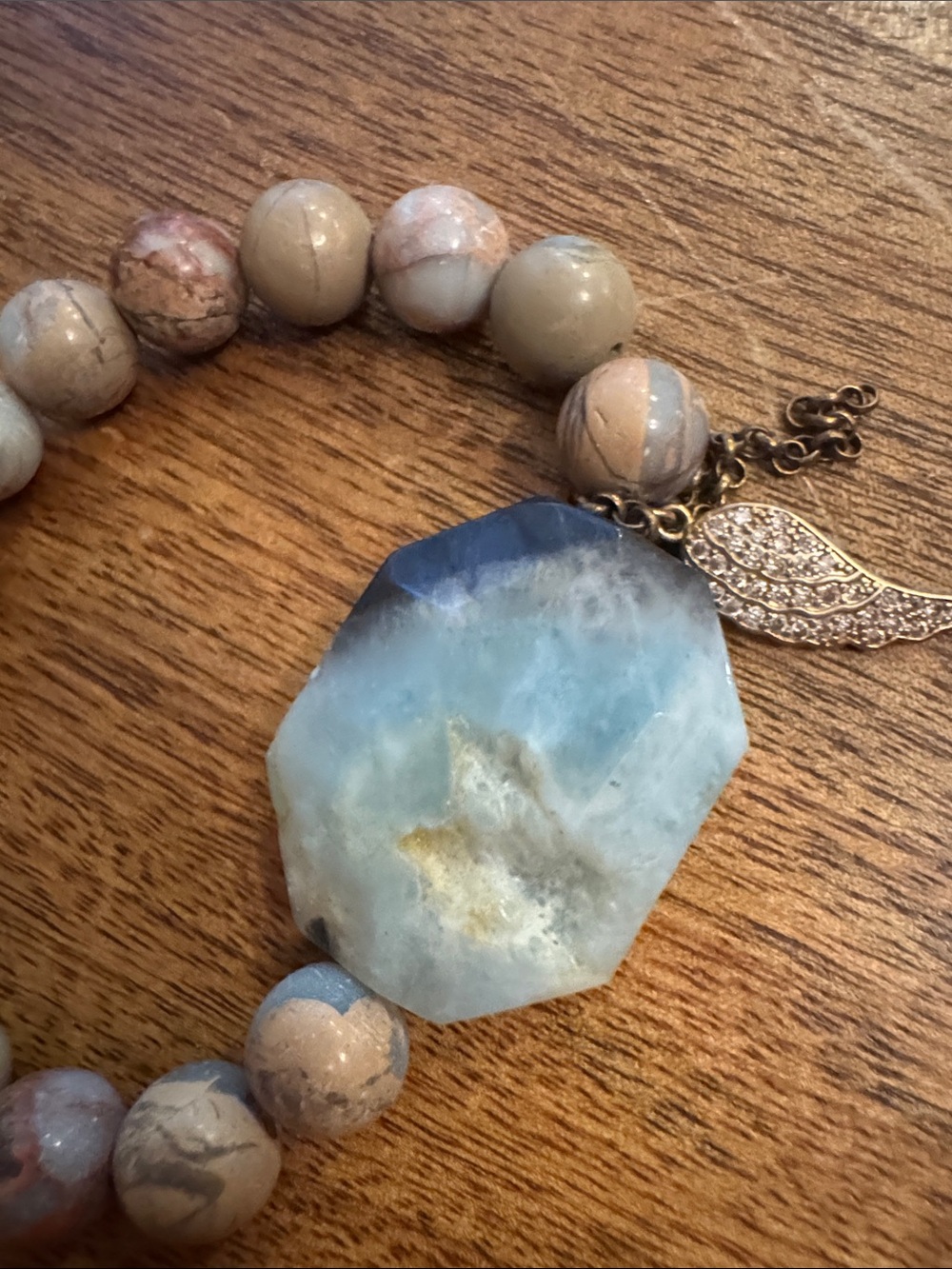 Neutral Stone Beaded Bracelet with Blue Agate Focal - Picture 7 of 9